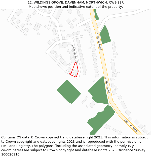 12, WILDINGS GROVE, DAVENHAM, NORTHWICH, CW9 8SR: Location map and indicative extent of plot