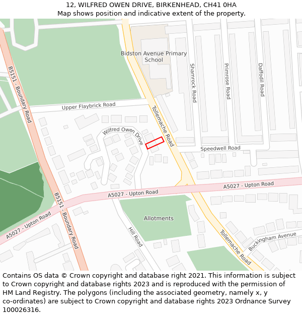 12, WILFRED OWEN DRIVE, BIRKENHEAD, CH41 0HA: Location map and indicative extent of plot