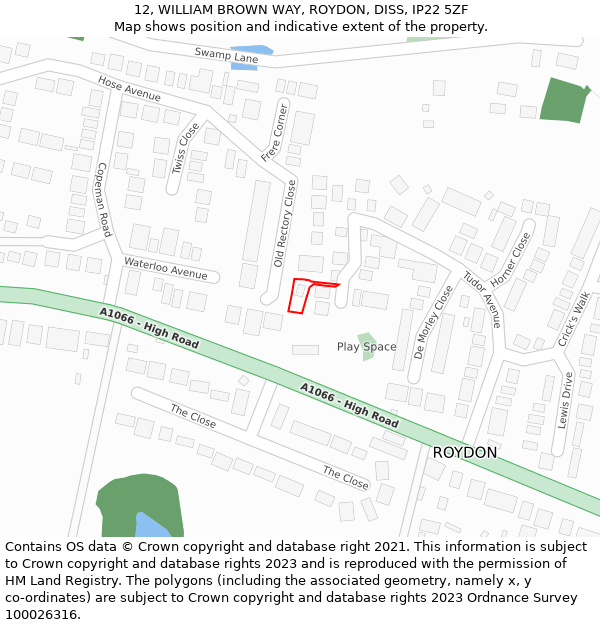 12, WILLIAM BROWN WAY, ROYDON, DISS, IP22 5ZF: Location map and indicative extent of plot