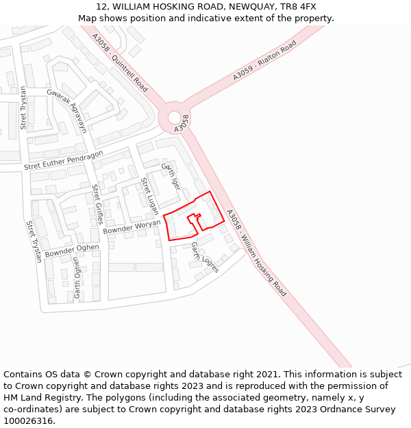 12, WILLIAM HOSKING ROAD, NEWQUAY, TR8 4FX: Location map and indicative extent of plot