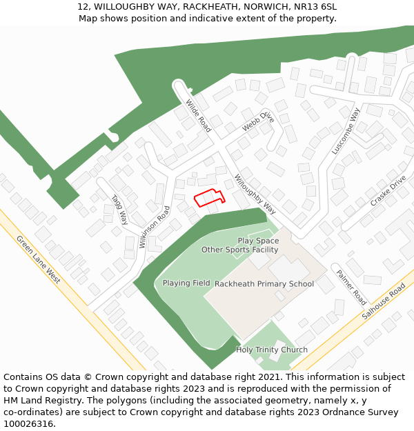 12, WILLOUGHBY WAY, RACKHEATH, NORWICH, NR13 6SL: Location map and indicative extent of plot