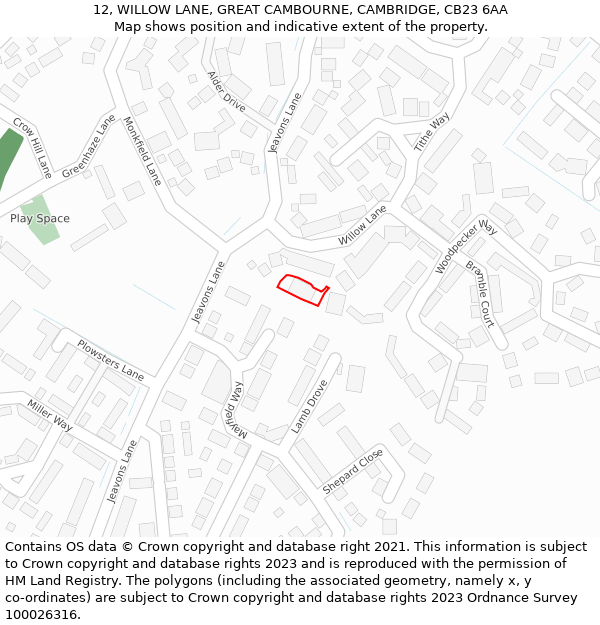 12, WILLOW LANE, GREAT CAMBOURNE, CAMBRIDGE, CB23 6AA: Location map and indicative extent of plot