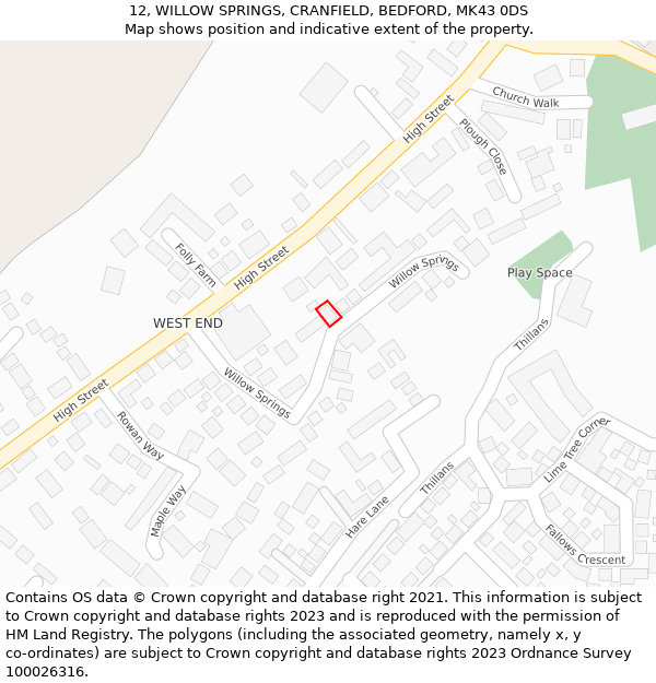 12, WILLOW SPRINGS, CRANFIELD, BEDFORD, MK43 0DS: Location map and indicative extent of plot