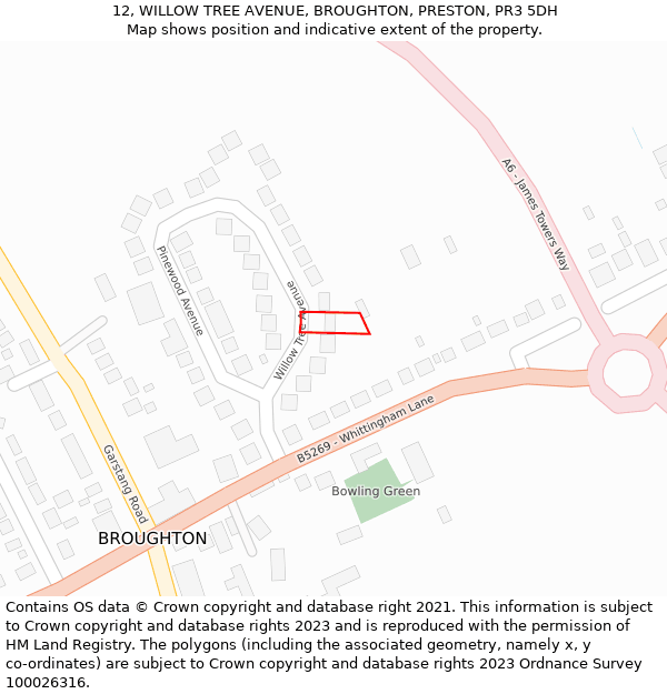 12, WILLOW TREE AVENUE, BROUGHTON, PRESTON, PR3 5DH: Location map and indicative extent of plot