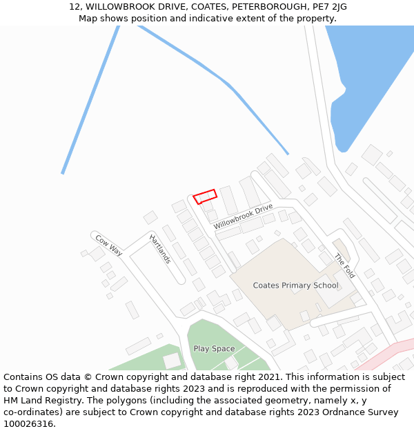 12, WILLOWBROOK DRIVE, COATES, PETERBOROUGH, PE7 2JG: Location map and indicative extent of plot