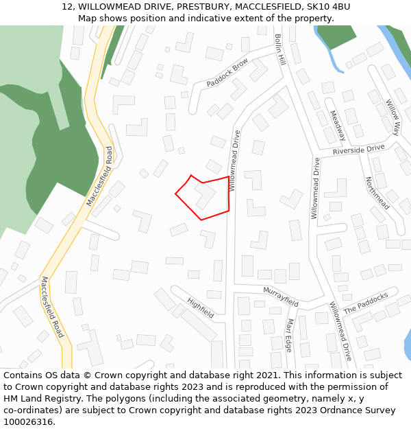 12, WILLOWMEAD DRIVE, PRESTBURY, MACCLESFIELD, SK10 4BU: Location map and indicative extent of plot