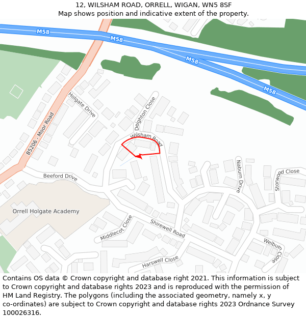 12, WILSHAM ROAD, ORRELL, WIGAN, WN5 8SF: Location map and indicative extent of plot