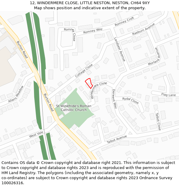 12, WINDERMERE CLOSE, LITTLE NESTON, NESTON, CH64 9XY: Location map and indicative extent of plot