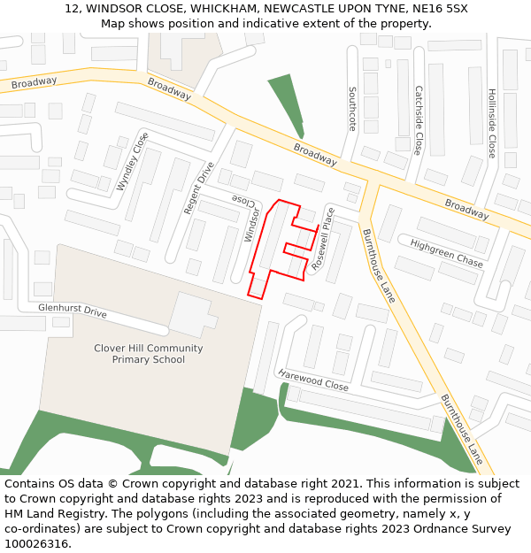 12, WINDSOR CLOSE, WHICKHAM, NEWCASTLE UPON TYNE, NE16 5SX: Location map and indicative extent of plot