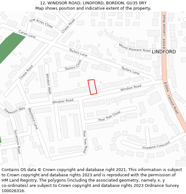 12, WINDSOR ROAD, LINDFORD, BORDON, GU35 0RY: Location map and indicative extent of plot