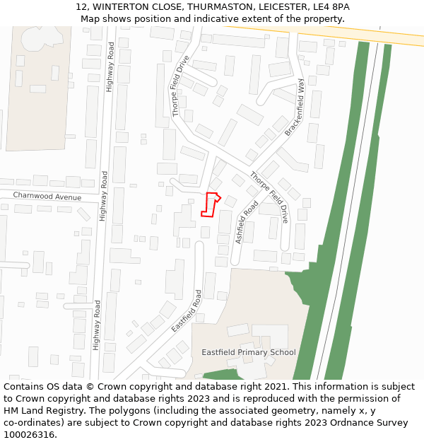 12, WINTERTON CLOSE, THURMASTON, LEICESTER, LE4 8PA: Location map and indicative extent of plot