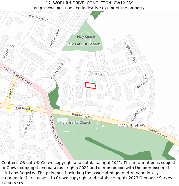 12, WOBURN DRIVE, CONGLETON, CW12 3SS: Location map and indicative extent of plot