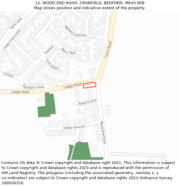 12, WOOD END ROAD, CRANFIELD, BEDFORD, MK43 0EB: Location map and indicative extent of plot