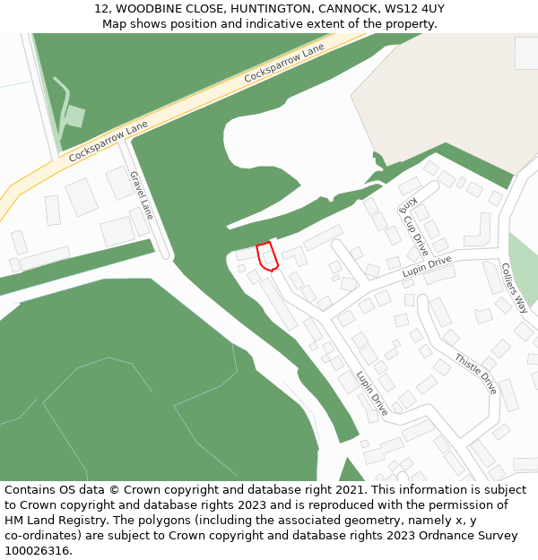 12, WOODBINE CLOSE, HUNTINGTON, CANNOCK, WS12 4UY: Location map and indicative extent of plot