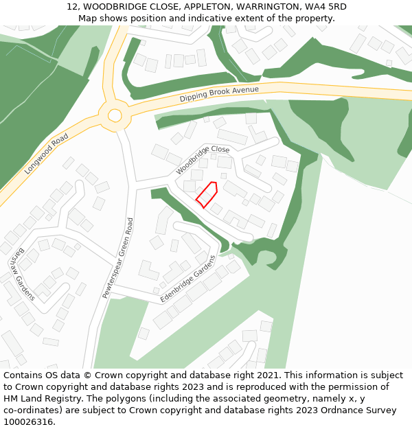 12, WOODBRIDGE CLOSE, APPLETON, WARRINGTON, WA4 5RD: Location map and indicative extent of plot