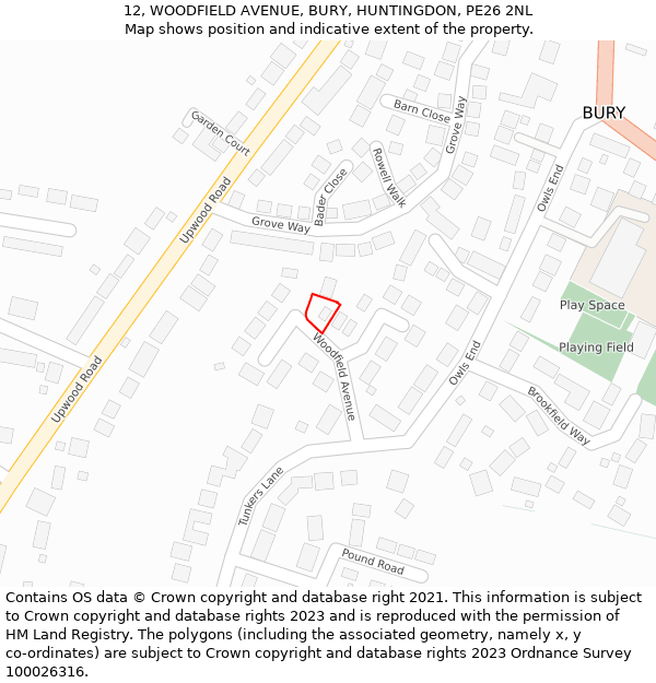 12, WOODFIELD AVENUE, BURY, HUNTINGDON, PE26 2NL: Location map and indicative extent of plot