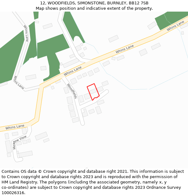 12, WOODFIELDS, SIMONSTONE, BURNLEY, BB12 7SB: Location map and indicative extent of plot