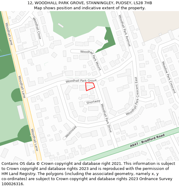 12, WOODHALL PARK GROVE, STANNINGLEY, PUDSEY, LS28 7HB: Location map and indicative extent of plot
