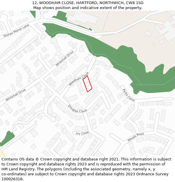 12, WOODHAM CLOSE, HARTFORD, NORTHWICH, CW8 1SG: Location map and indicative extent of plot