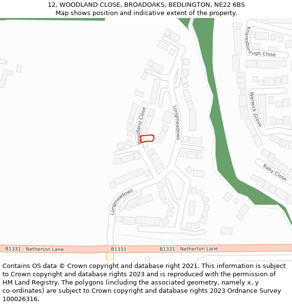 12, WOODLAND CLOSE, BROADOAKS, BEDLINGTON, NE22 6BS: Location map and indicative extent of plot