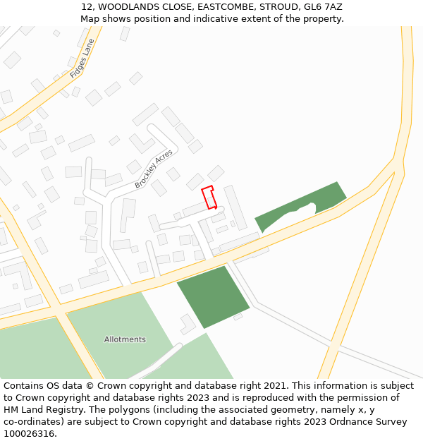 12, WOODLANDS CLOSE, EASTCOMBE, STROUD, GL6 7AZ: Location map and indicative extent of plot