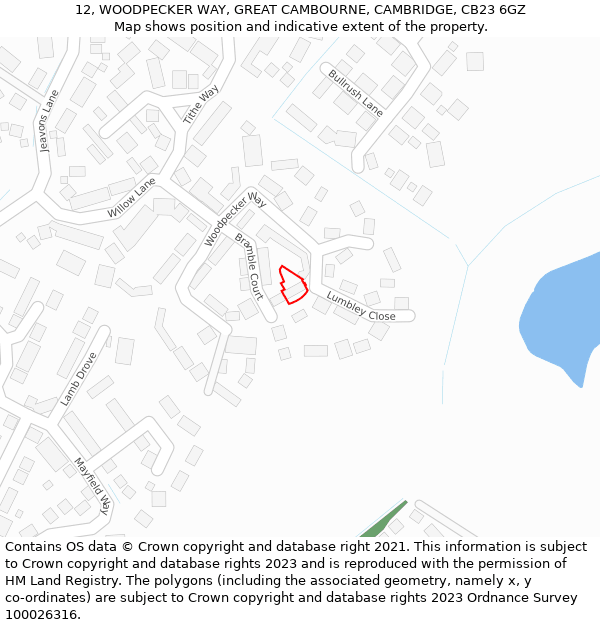 12, WOODPECKER WAY, GREAT CAMBOURNE, CAMBRIDGE, CB23 6GZ: Location map and indicative extent of plot