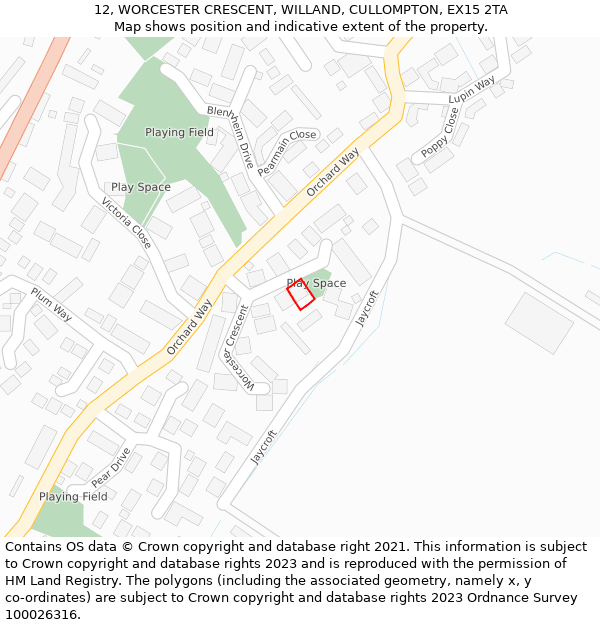 12, WORCESTER CRESCENT, WILLAND, CULLOMPTON, EX15 2TA: Location map and indicative extent of plot