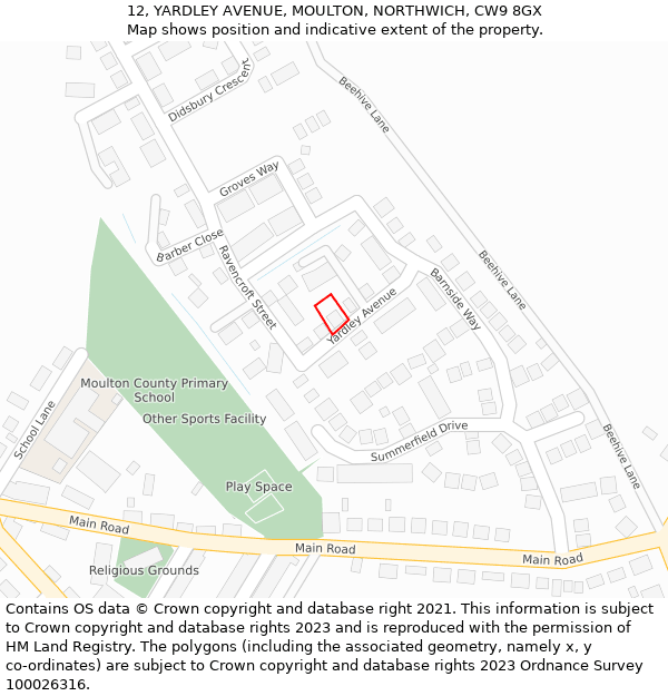 12, YARDLEY AVENUE, MOULTON, NORTHWICH, CW9 8GX: Location map and indicative extent of plot