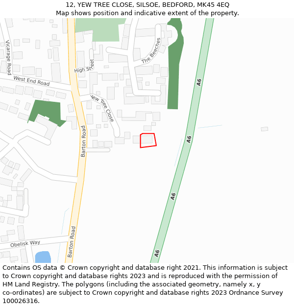 12, YEW TREE CLOSE, SILSOE, BEDFORD, MK45 4EQ: Location map and indicative extent of plot