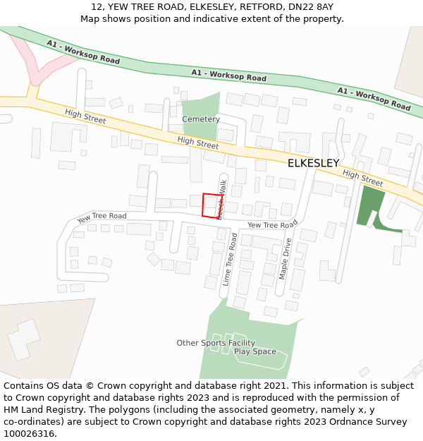 12, YEW TREE ROAD, ELKESLEY, RETFORD, DN22 8AY: Location map and indicative extent of plot