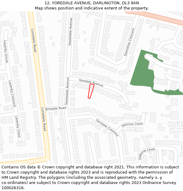 12, YOREDALE AVENUE, DARLINGTON, DL3 9AN: Location map and indicative extent of plot