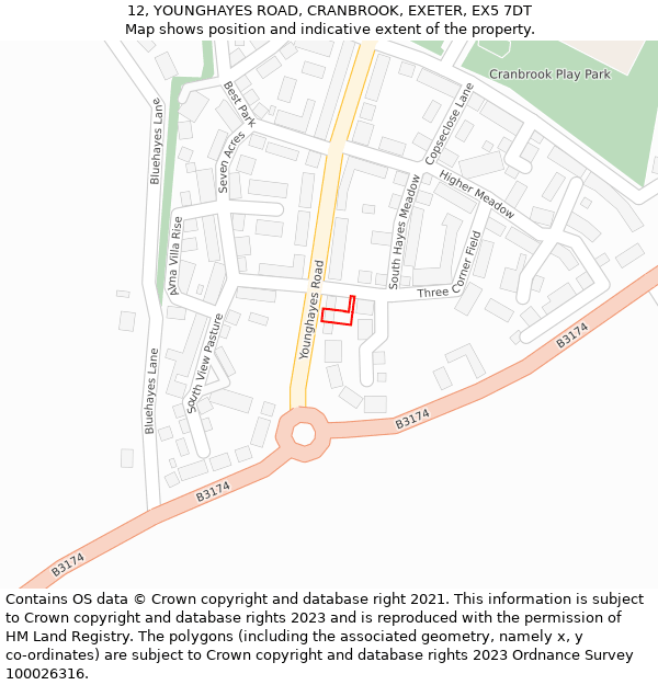 12, YOUNGHAYES ROAD, CRANBROOK, EXETER, EX5 7DT: Location map and indicative extent of plot