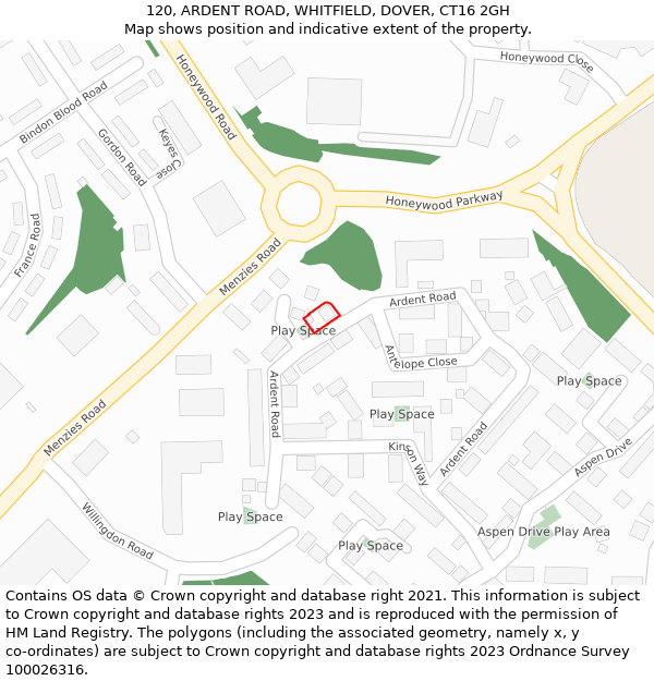 120, ARDENT ROAD, WHITFIELD, DOVER, CT16 2GH: Location map and indicative extent of plot