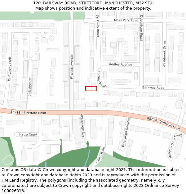 120, BARKWAY ROAD, STRETFORD, MANCHESTER, M32 9DU: Location map and indicative extent of plot