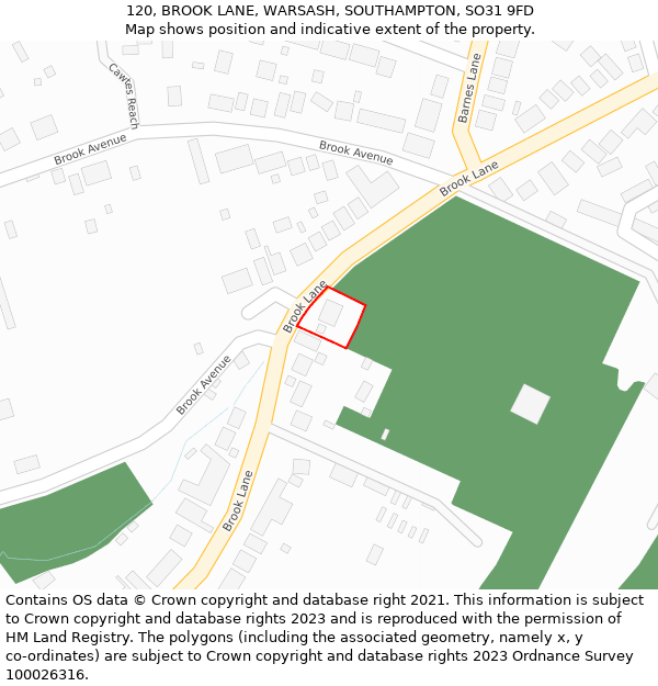 120, BROOK LANE, WARSASH, SOUTHAMPTON, SO31 9FD: Location map and indicative extent of plot