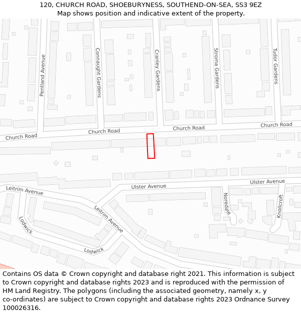 120, CHURCH ROAD, SHOEBURYNESS, SOUTHEND-ON-SEA, SS3 9EZ: Location map and indicative extent of plot