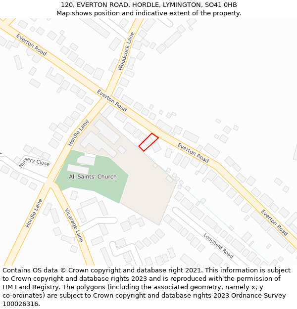 120, EVERTON ROAD, HORDLE, LYMINGTON, SO41 0HB: Location map and indicative extent of plot