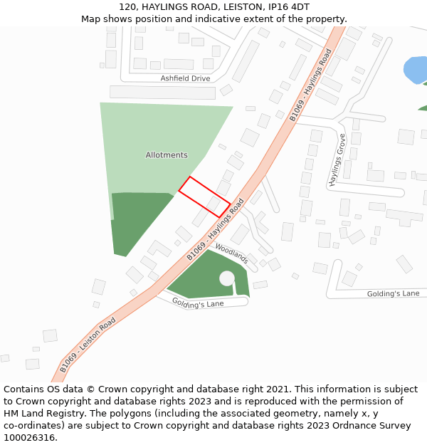 120, HAYLINGS ROAD, LEISTON, IP16 4DT: Location map and indicative extent of plot
