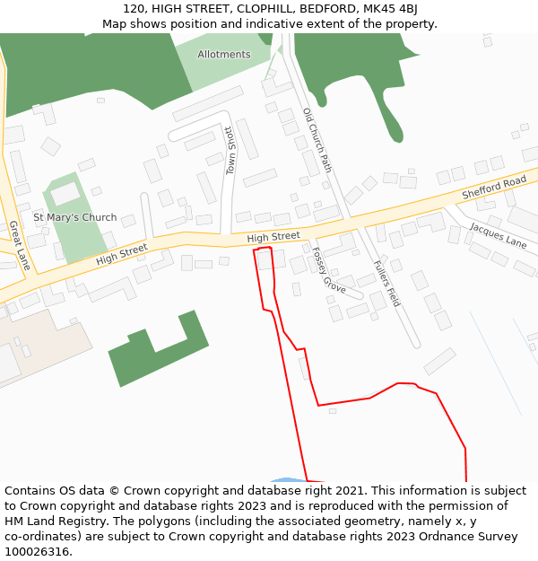 120, HIGH STREET, CLOPHILL, BEDFORD, MK45 4BJ: Location map and indicative extent of plot