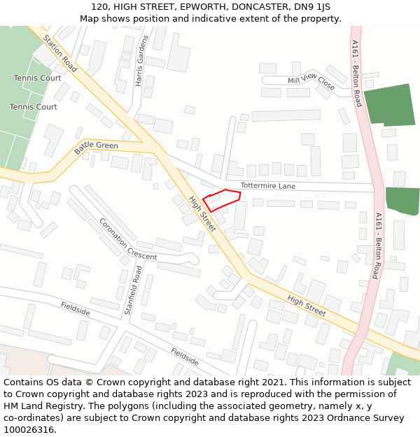 120, HIGH STREET, EPWORTH, DONCASTER, DN9 1JS: Location map and indicative extent of plot
