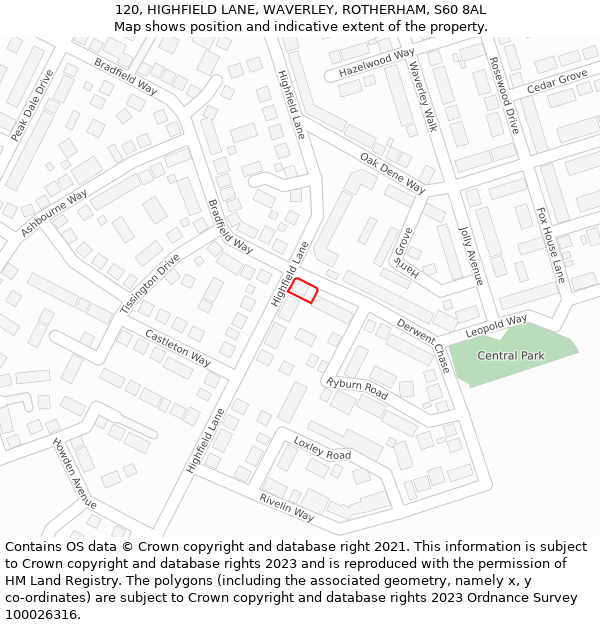 120, HIGHFIELD LANE, WAVERLEY, ROTHERHAM, S60 8AL: Location map and indicative extent of plot