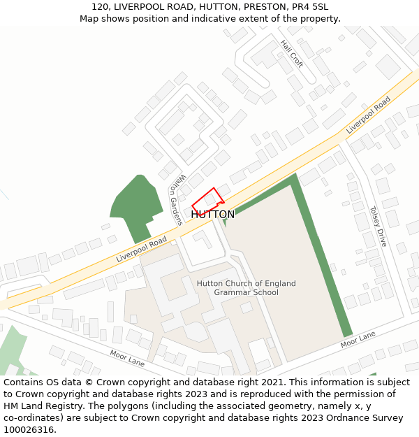 120, LIVERPOOL ROAD, HUTTON, PRESTON, PR4 5SL: Location map and indicative extent of plot