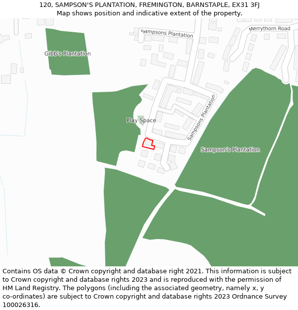 120, SAMPSON'S PLANTATION, FREMINGTON, BARNSTAPLE, EX31 3FJ: Location map and indicative extent of plot