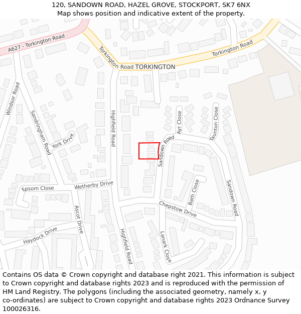 120, SANDOWN ROAD, HAZEL GROVE, STOCKPORT, SK7 6NX: Location map and indicative extent of plot