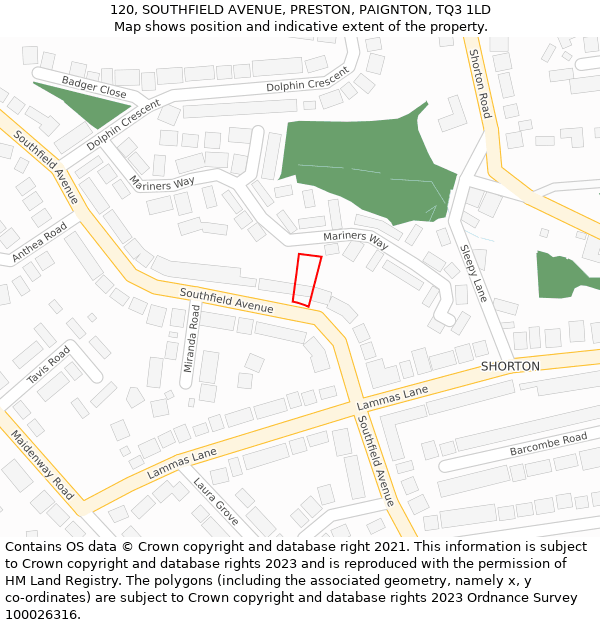 120, SOUTHFIELD AVENUE, PRESTON, PAIGNTON, TQ3 1LD: Location map and indicative extent of plot