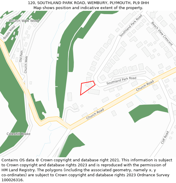 120, SOUTHLAND PARK ROAD, WEMBURY, PLYMOUTH, PL9 0HH: Location map and indicative extent of plot