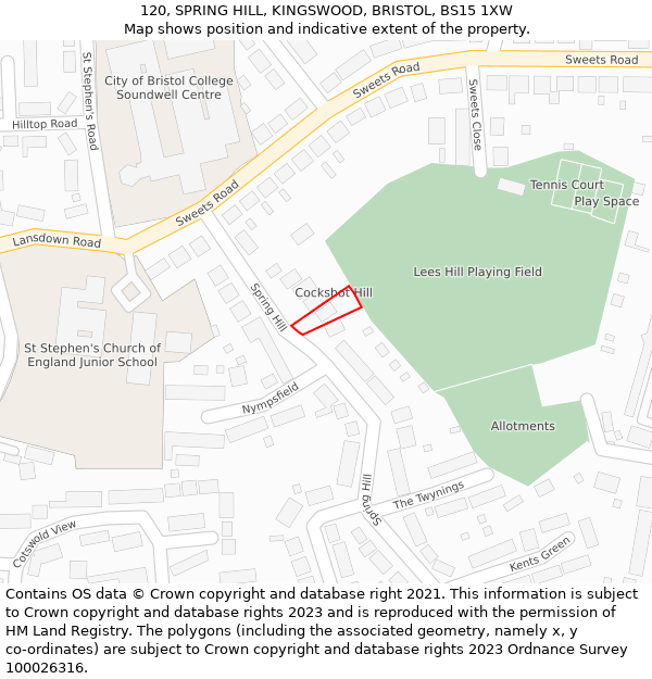 120, SPRING HILL, KINGSWOOD, BRISTOL, BS15 1XW: Location map and indicative extent of plot