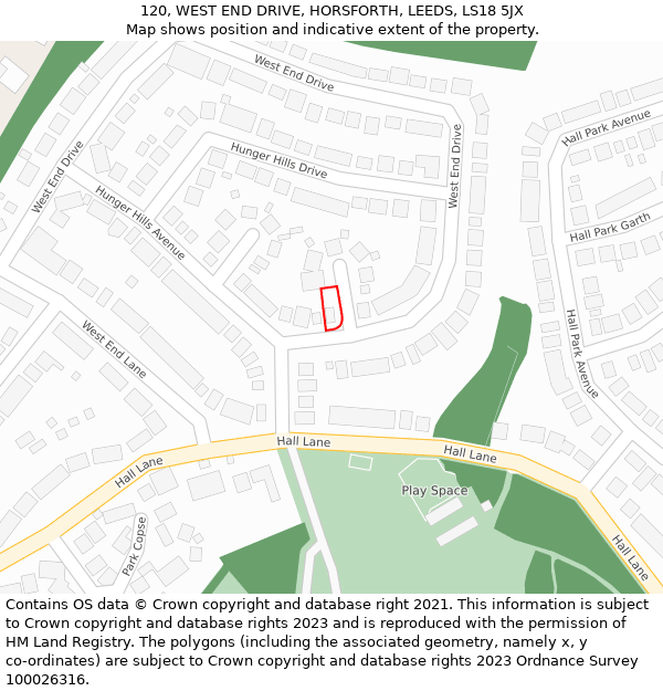 120, WEST END DRIVE, HORSFORTH, LEEDS, LS18 5JX: Location map and indicative extent of plot