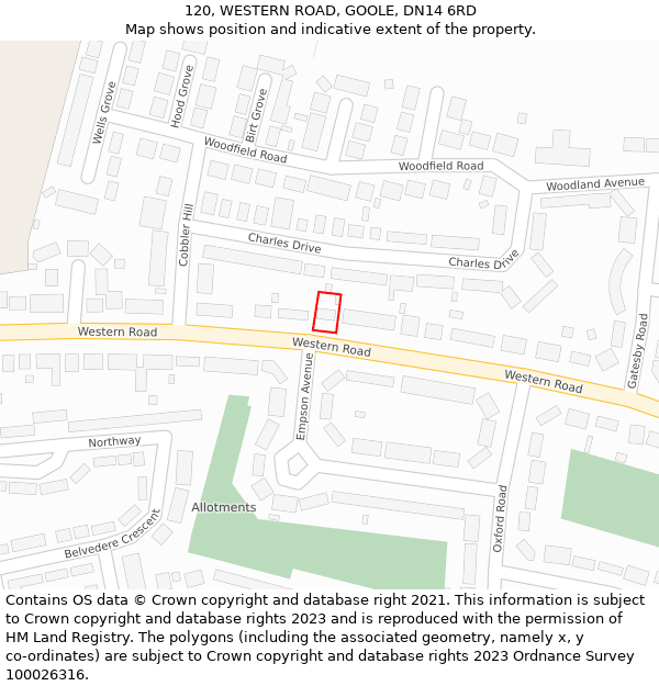 120, WESTERN ROAD, GOOLE, DN14 6RD: Location map and indicative extent of plot