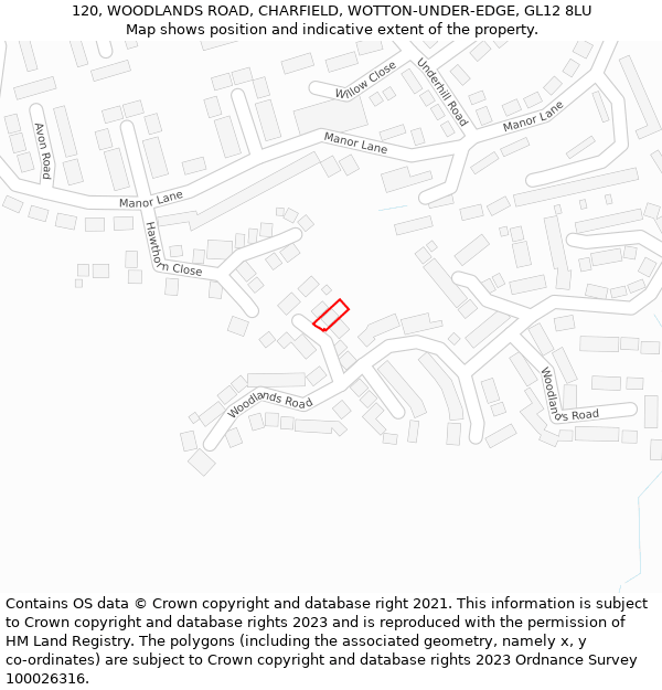 120, WOODLANDS ROAD, CHARFIELD, WOTTON-UNDER-EDGE, GL12 8LU: Location map and indicative extent of plot